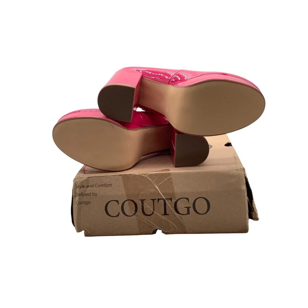 Coutgo Womens Hot Pink Patent Mary Jane Platform Chunky Block Heel Pumps 7.5